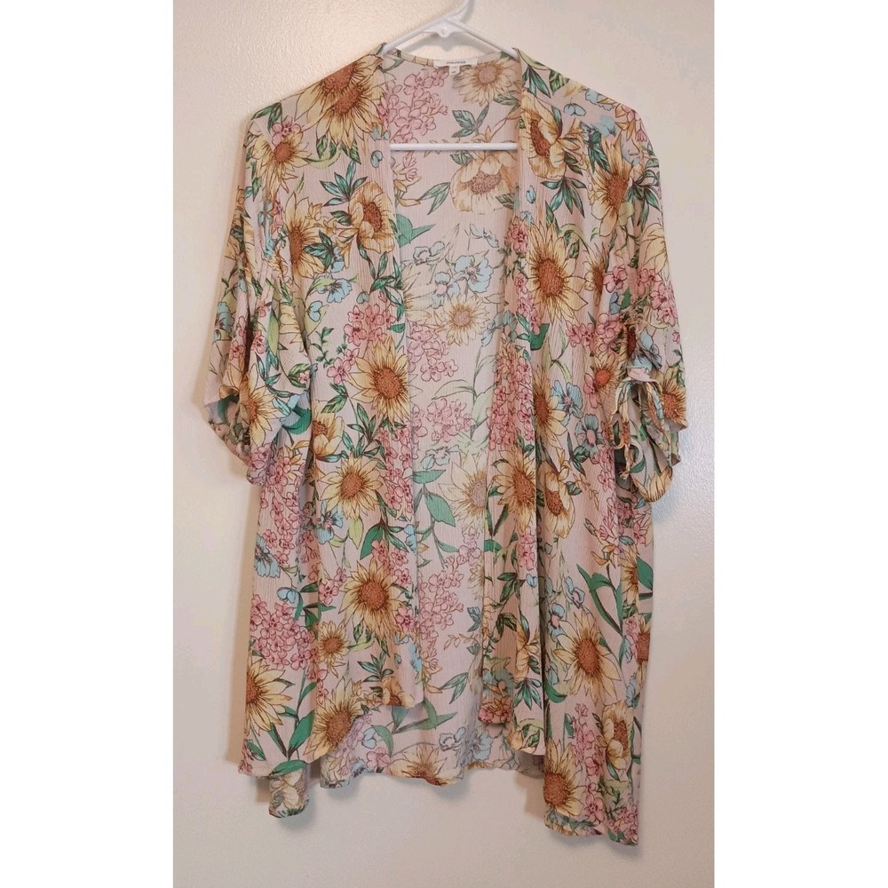 Maurices Floral Kimono XL Sunflower Boho Open Front Cinched Sleeve Lightweight